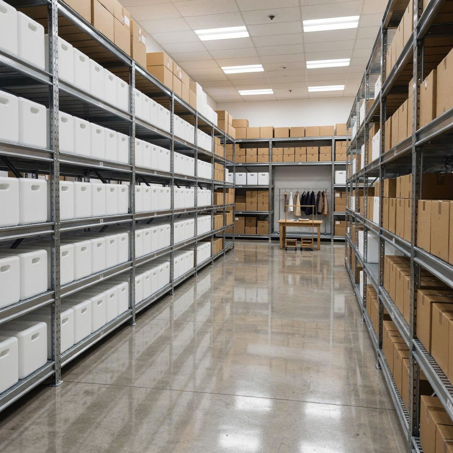 Climate-controlled storage area with labelled bins and garments